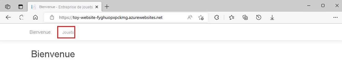 Capture d’écran de la page d’accueil du site web de l’entreprise de jouets, avec le lien Jouets en surbrillance