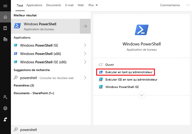 Capture d’écran du menu Démarrer de Windows avec la recherche « powershell » et l’option Exécuter en tant qu’administrateur mise en surbrillance.