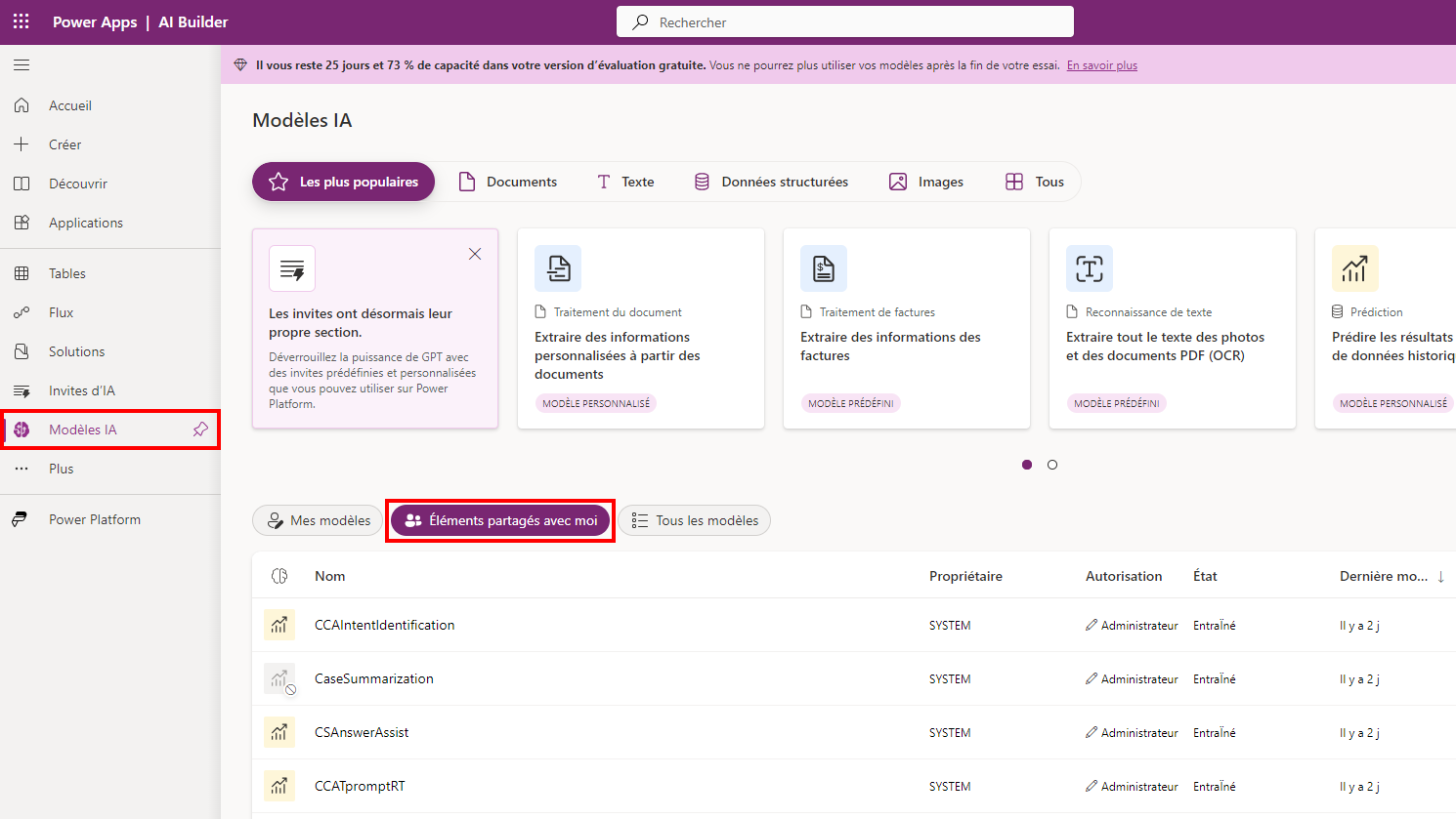 Capture d’écran de la page Modèles IA avec l’onglet Éléments partagés avec moi mis en évidence.