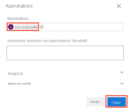 Capture d’écran de l’interface Azure DevOps montrant la page d’ajout d’une vérification d’approbation, avec les détails renseignés et le bouton Créer