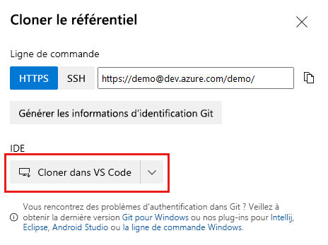 Capture d’écran d’Azure DevOps montrant les paramètres du dépôt et le bouton Cloner dans Visual Studio Code