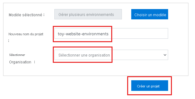 Capture d’écran qui montre la création d’un projet avec Azure DevOps Demo Generator.