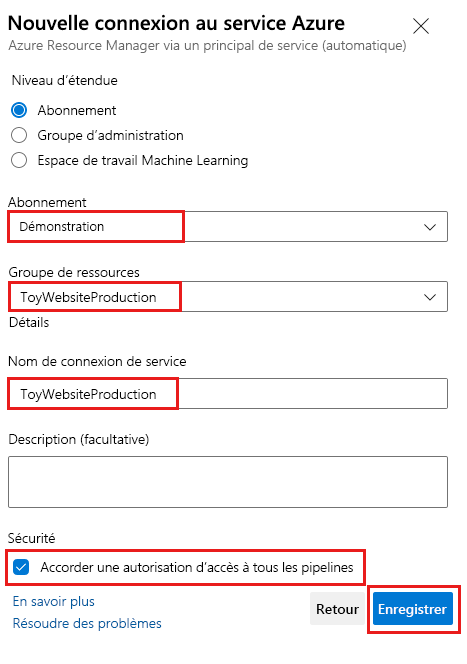 Capture d’écran d’Azure DevOps montrant la page de création d’une connexion de service pour l’environnement de production, avec les détails renseignés