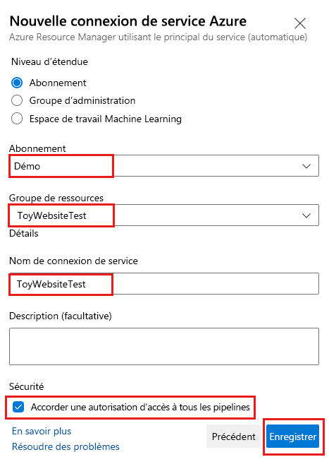 Capture d’écran d’Azure DevOps montrant les détails de la création d’une connexion de service pour l’environnement de test