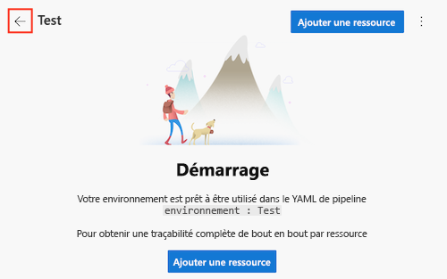 Capture d’écran de la page Azure DevOps pour un environnement nommé Test, avec le bouton fléché.