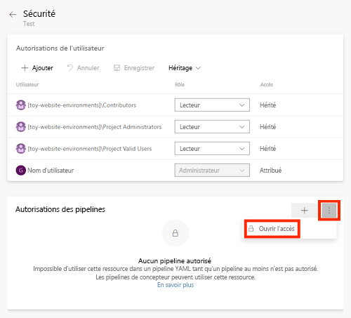 Capture d’écran de la page Azure DevOps pour un environnement nommé Test, avec le menu Autres actions affiché et l’élément Ouvrir l’accès en surbrillance