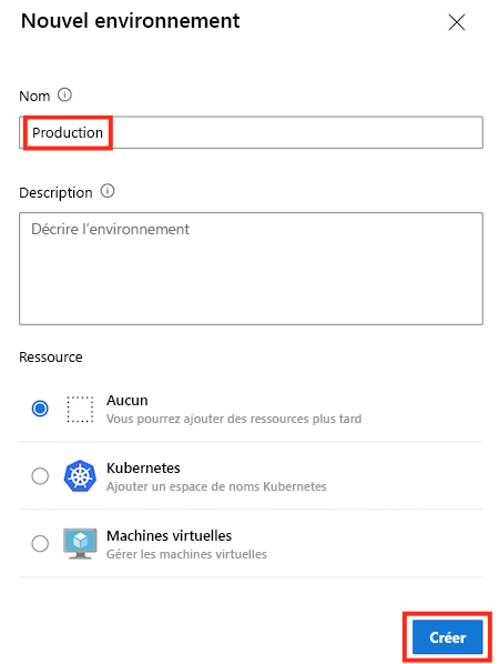 Capture d’écran de la page Azure DevOps d’un nouvel environnement, nommé Production, avec les détails renseignés