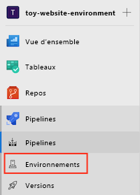 Capture d’écran de l’interface Azure DevOps montrant le menu Pipelines et l’élément Environnements