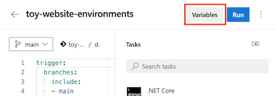Capture d’écran de l’interface Azure DevOps montrant le pipeline et le bouton Variables