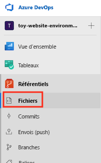 Capture d’écran d’Azure DevOps montrant le menu Dépôts et l’élément Fichiers