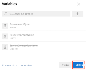 Capture d’écran de l’interface Azure DevOps montrant la suppression de trois variables et le bouton Enregistrer