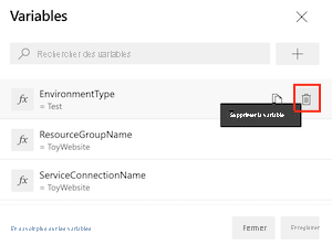 Capture d’écran de l’interface Azure DevOps montrant la liste des variables et le bouton Supprimer