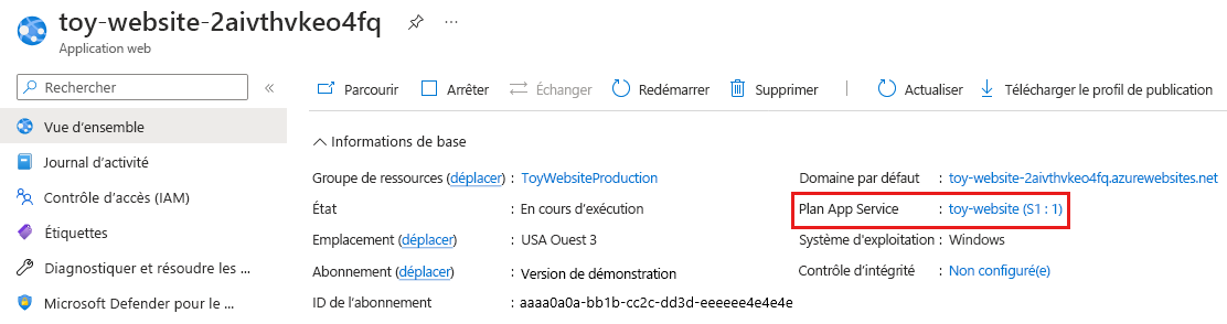 Capture d’écran du portail Azure montrant l’application App Service de production et les détails de la référence SKU du plan App Service.