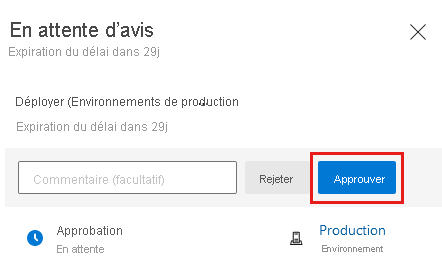 Capture d’écran de l’interface Azure DevOps montrant la page d’approbation du pipeline et le bouton Approuver