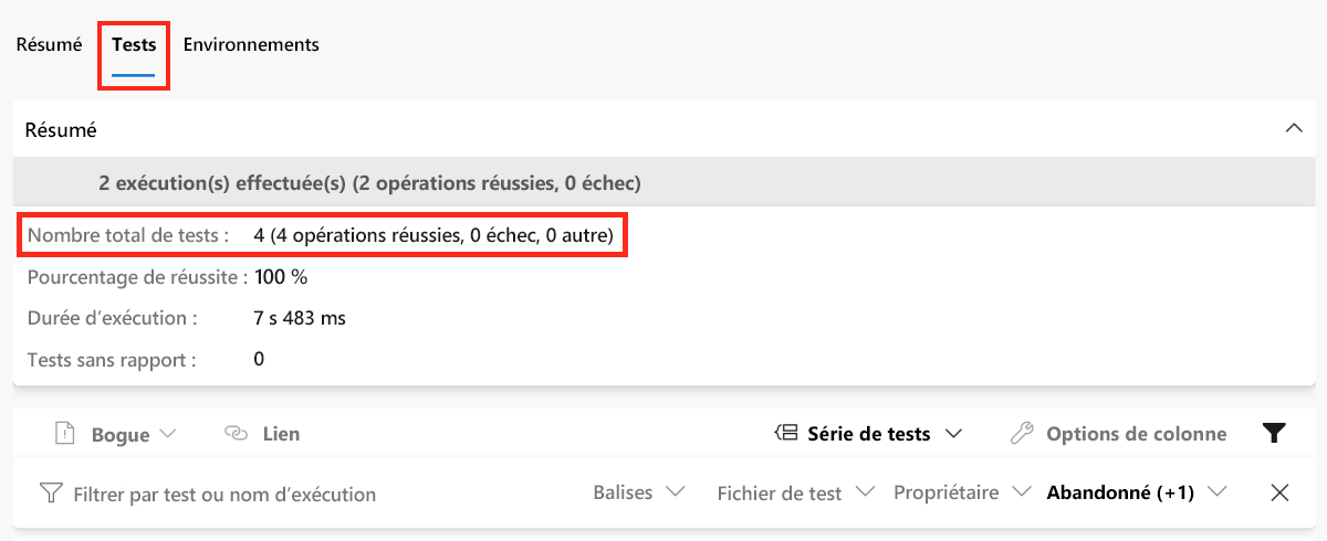 Capture d’écran d’Azure Pipelines montrant la page pour les tests d’exécution de pipeline, avec quatre résultats de test