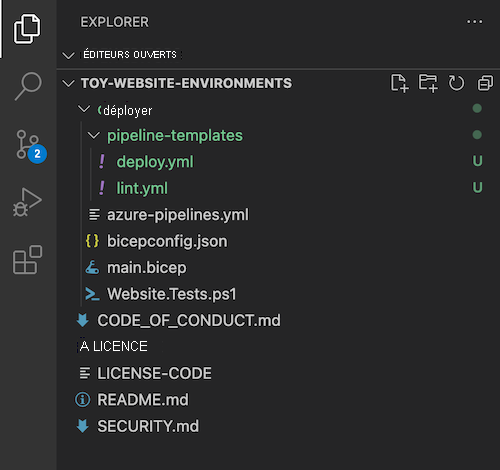 Capture d’écran de l’Explorateur de Visual Studio Code avec le dossier pipeline-modèles et le fichier deploy.yml.