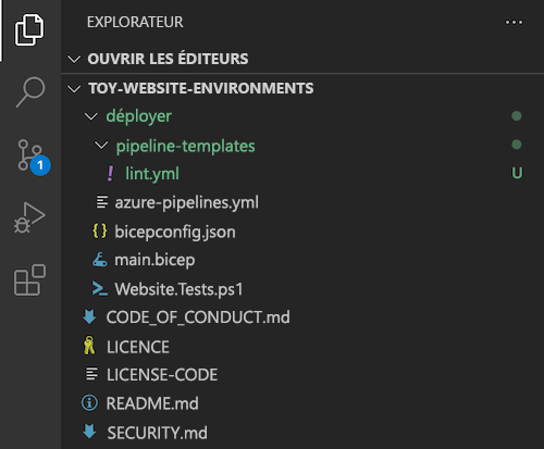 Capture d’écran de l’Explorateur de Visual Studio Code avec le dossier pipeline-templates et le fichier lint.yml