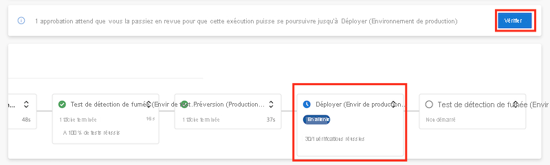 Capture d’écran d’Azure Pipelines montrant l’exécution du pipeline suspendue pour approbation