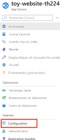 Capture d’écran du portail Azure montrant l’application App Service et l’élément de menu Configuration.