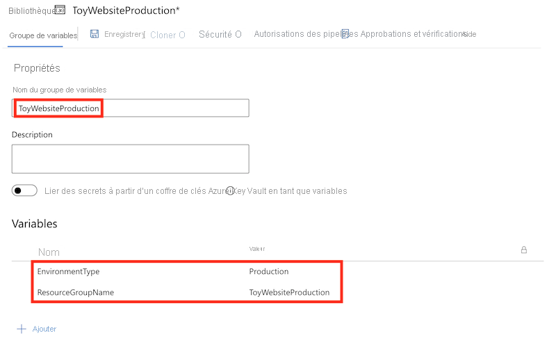 Capture d’écran des variables et du groupe de variables de production