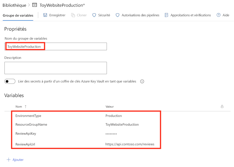 Capture d’écran du groupe de variables de production avec les variables mises à jour