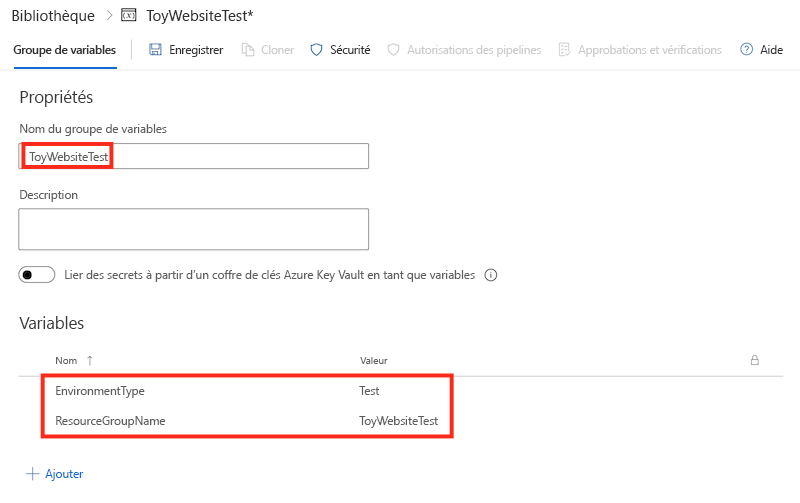 Capture d’écran des variables et du groupe de variables de test