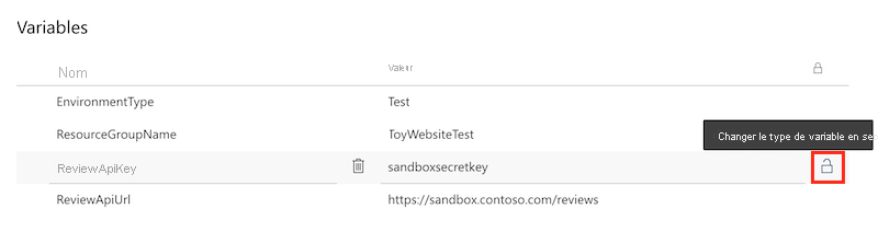 Capture d’écran du groupe de variables de test et du bouton de variable secrète