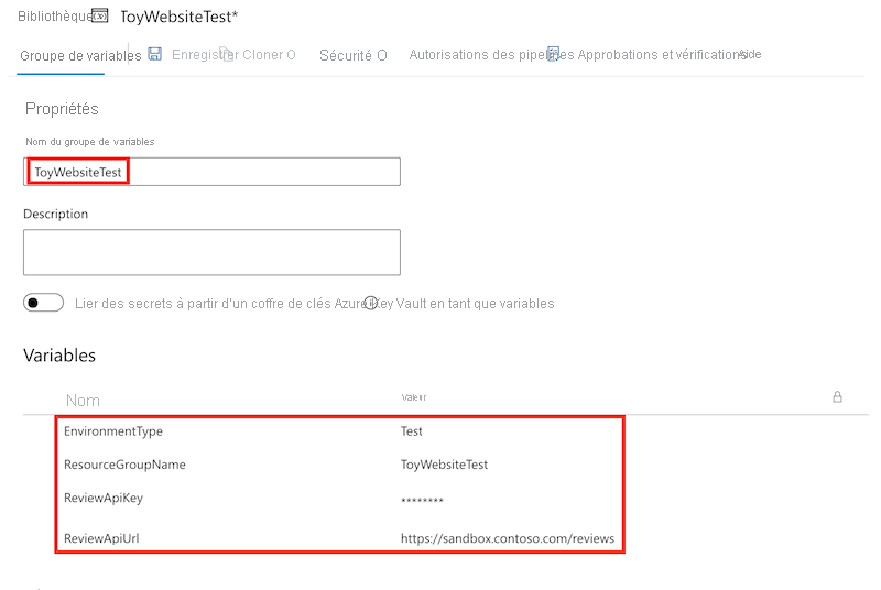 Capture d’écran du groupe de variables de test avec les variables mises à jour