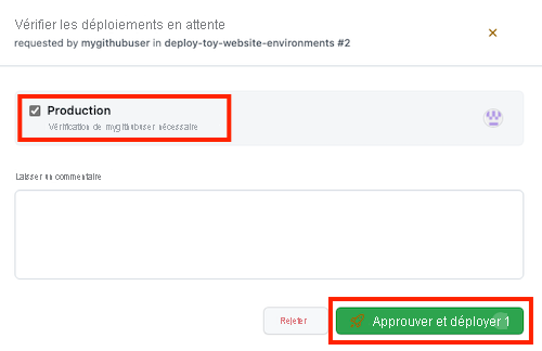 Capture d’écran de l’interface GitHub montrant la page d’approbation du workflow, avec le bouton Approve and deploy.