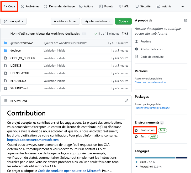 Capture d’écran de GitHub montrant l’environnement de la page Code, avec l’environnement Production sélectionné.