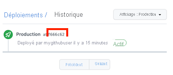 Capture d’écran de GitHub montrant l’environnement de production, et l’historique de déploiement avec un seul déploiement.