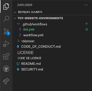 Capture d’écran de l’explorateur Visual Studio Code, avec les dossiers .github et workflows ainsi que le fichier lint.yml.