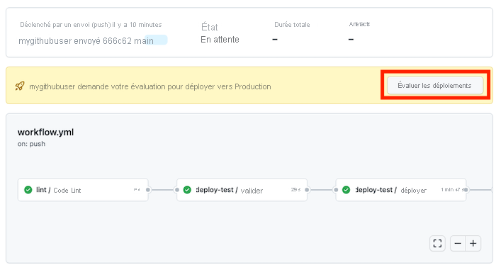 Capture d’écran de GitHub montrant l’exécution du workflow en pause pour l’approbation.