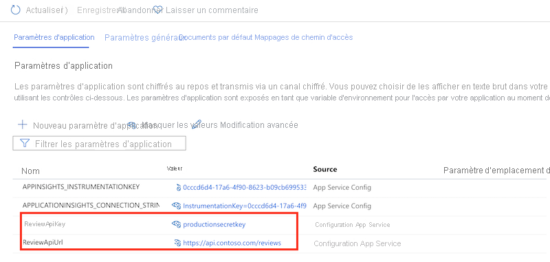 Capture d’écran du portail Azure montrant les paramètres de l’application App Service et les paramètres de configuration.