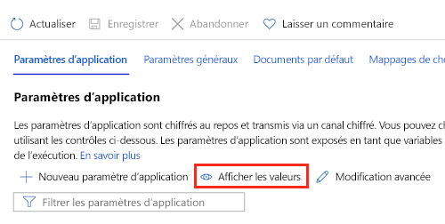 Capture d’écran du portail Azure montrant les paramètres de l’application App Service et le bouton permettant d’afficher les valeurs.