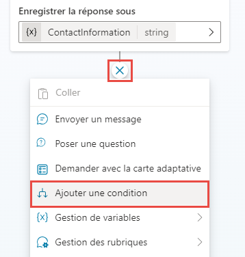 Capture d’écran de l’option Ajouter une condition développée pour afficher Branche basée sur une condition et Branche pour toutes les autres options de conditions.