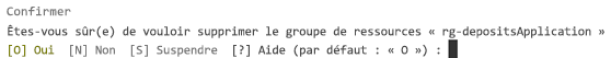 Capture d’écran montrant une confirmation de ligne de commande pour supprimer le groupe de ressources à l’aide d’Azure PowerShell.