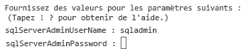 Capture d’écran montrant la ligne de commande Azure PowerShell qui vous invite à entrerun mot de passe de l’administrateur du serveur SQL.