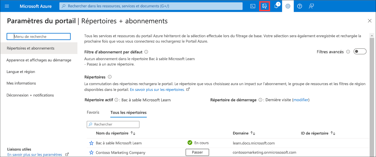 Capture d’écran montrant la boîte de dialogue de sélection de répertoires dans le Portail Azure.