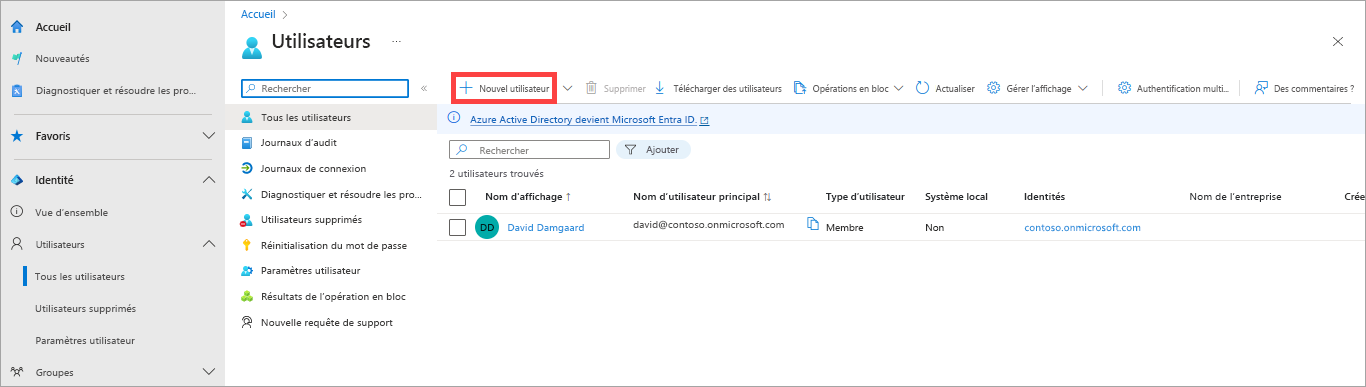 Capture d’écran montrant le bouton Nouvel utilisateur en surbrillance dans le centre d’administration Microsoft Entra.