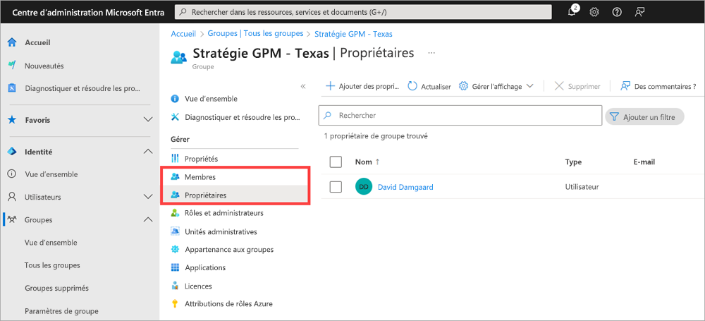 Capture d’écran montrant les options de gestion de groupe.