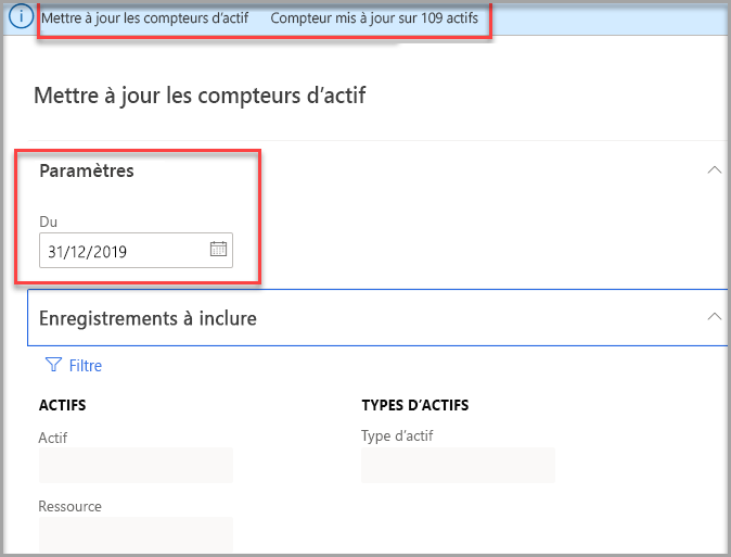 Capture d’écran de la page Mettre à jour les compteurs d’actif avec des paramètres mis en surbrillance.