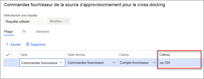 Capture d’écran de la page Commandes fournisseur avec source d’approvisionnement de type cross-docking.