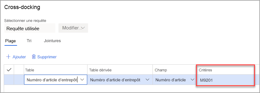 Capture d’écran de la page de cross-docking avec la colonne Critère mise en surbrillance.
