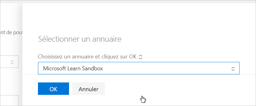 Capture de l’écran où vous sélectionnez un répertoire, avec Microsoft Learn Sandbox sélectionné.