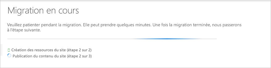 Capture d’écran de l’affichage de la progression de la migration.