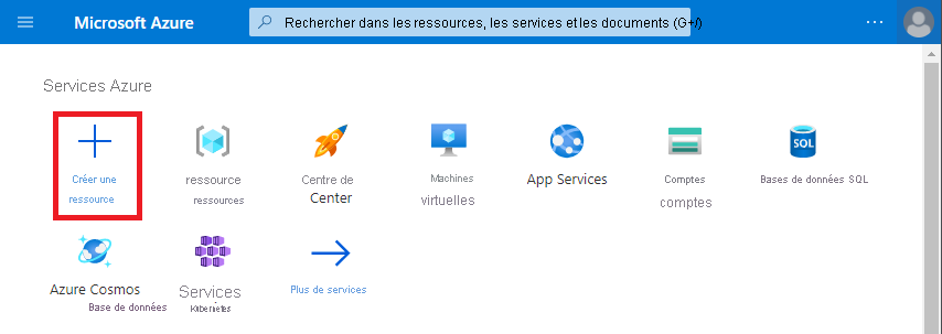 Capture d’écran montrant le portail Azure. L’option Créer une ressource est mise en surbrillance.