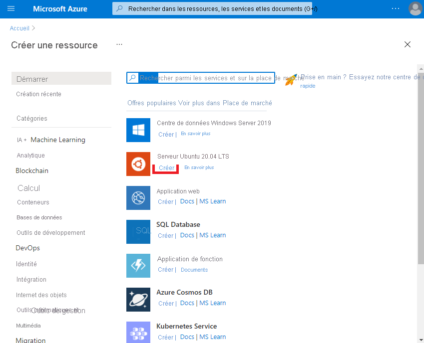 Capture d’écran montrant la Place de marché Azure. Le lien Créer sous Ubuntu Server 20.04 LTS est mis en surbrillance.
