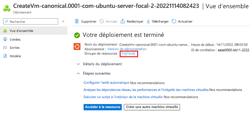 Capture d’écran du portail Azure montrant le déploiement. Le nom du groupe de ressources est mis en surbrillance.