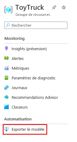 Capture d’écran du portail Azure qui montre l’élément de menu Exporter le modèle dans le volet du groupe de ressources.